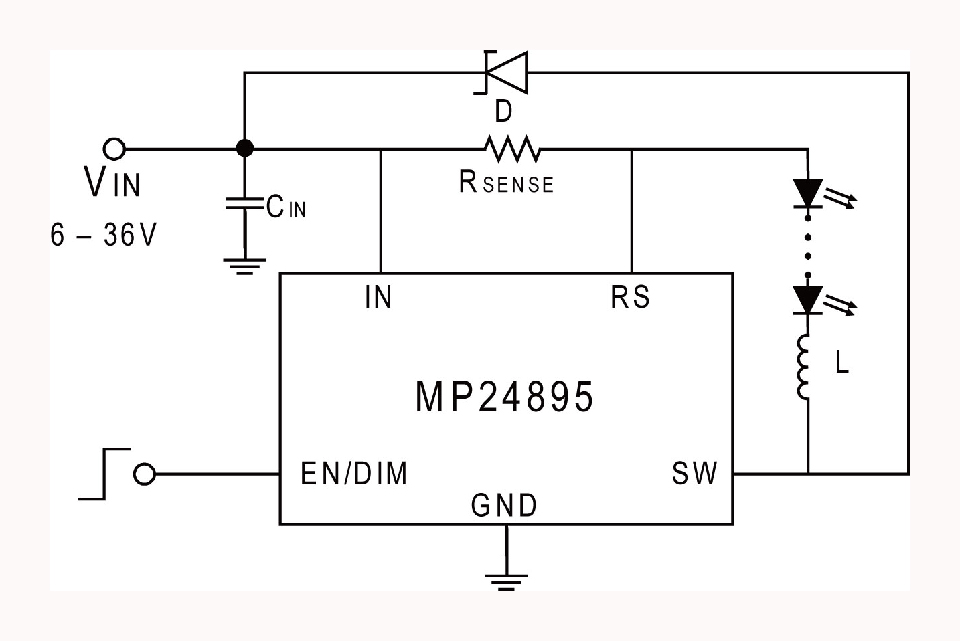 MP24893, 6V-36V, 1A input, Buck WLED Driver with Hysteretic Control , DC  and PWM Dimming Control