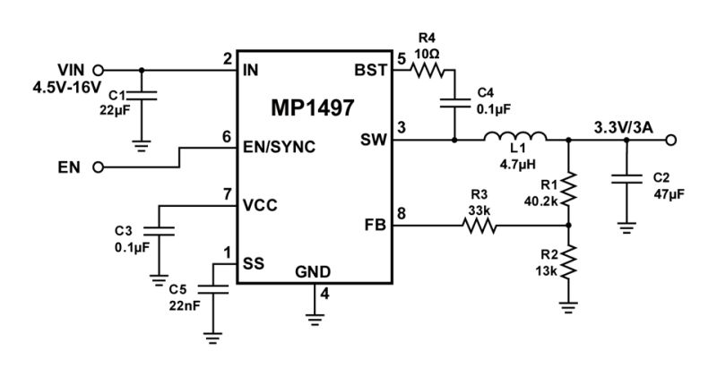MP1497 | High-Efficiency, 3A, 16V, 500kHz, with SS, Synchronous 