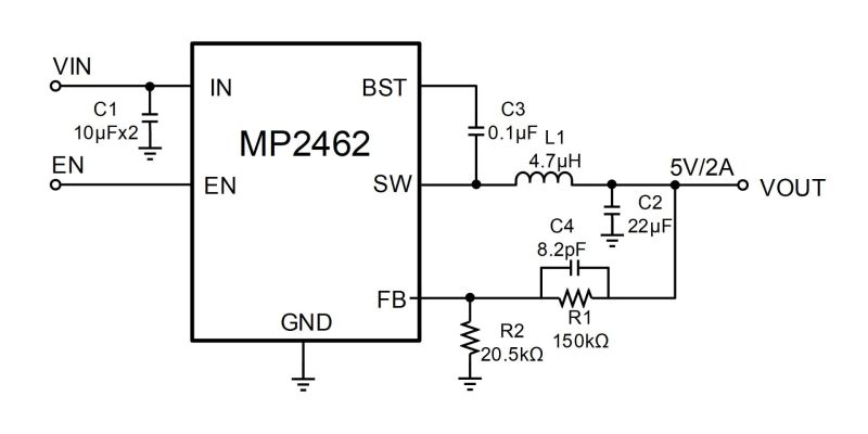 MP2462 | 34V、2A、800kHz、同期整流式、ステップダウンコンバータ | MPS