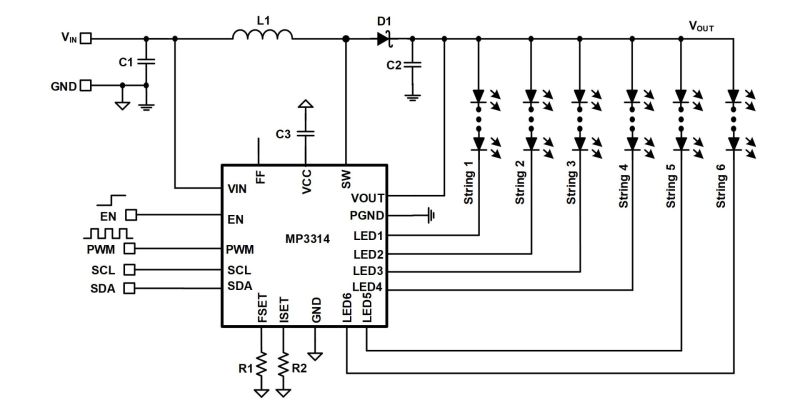 MP3314 | 6-Channel, 60mA, 50V, Boost WLED Driver with Serial Interface ...