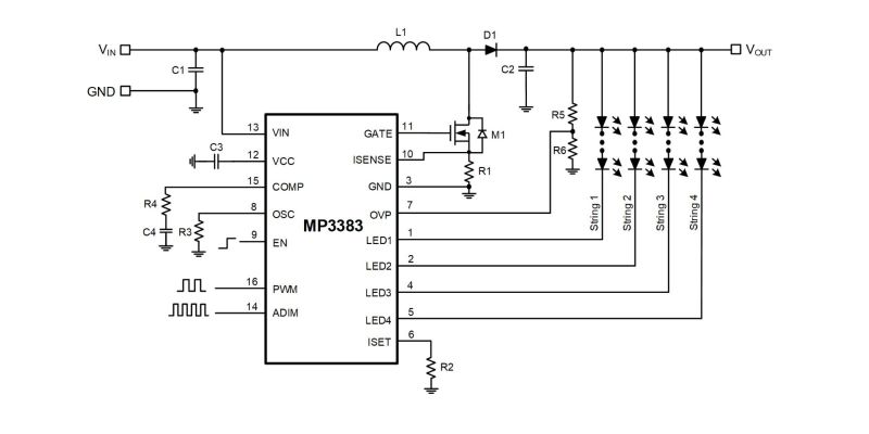 MP3383 | 4-String, Max 400mA/String, Max 80V VOUT, Step-Up WLED