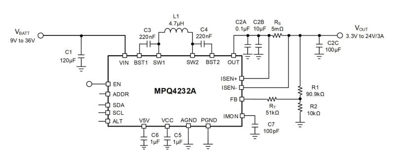 MPQ4232A-AEC1 | 4つのMOSFETとI2Cインタフェースを内蔵した6A、昇降圧