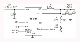 MP2147 パワーグッドとモード選択機能付き、5.5V、4A、1.2MHz 高効率
