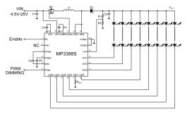 MP3388S | バックライトドライバ (白色LED) | 4.5V～25V入力電圧、50V