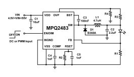 MPQ2483 | 55V 2.5A Programmable Frequency LED Driver available in 