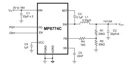 MP8774C | 12A, Wide 3V to 18V Input, 1.4MHz, Synchronous Step-Down Converter with FCCM in a QFN-16 (3mmx3mm) Package | MPS