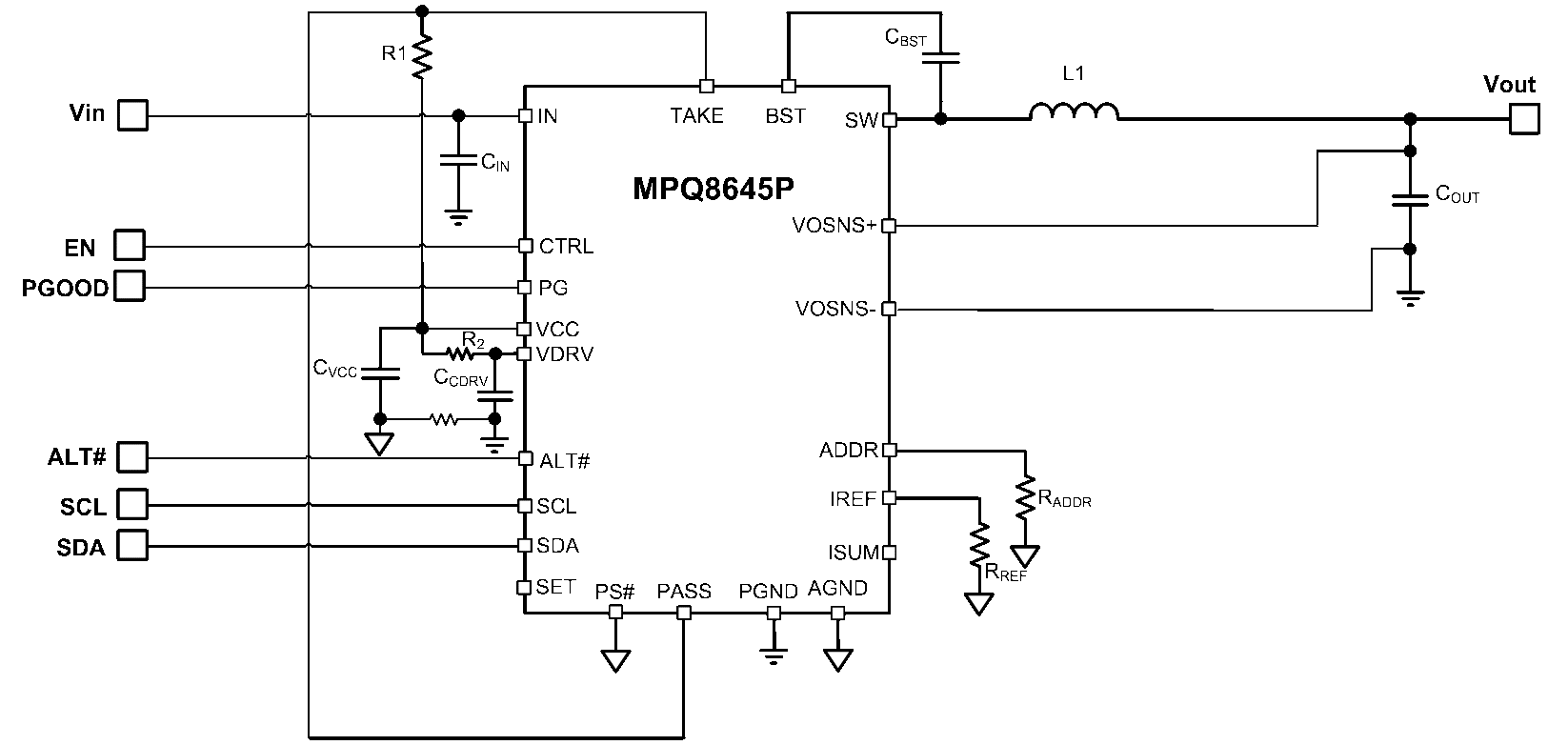図2: 単相動作におけるMPQ8645Pの代表的なアプリケーション回路